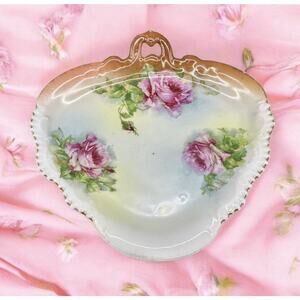 Antique 3 Sided Porcelain Trinket Candy Dish Hand Painted Roses Germany